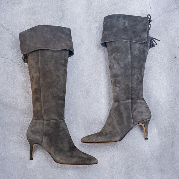 Lord & Taylor 424 Fifth Gray Suede Foldover Knee High Heeled Boots Size 6 - Picture 1 of 8